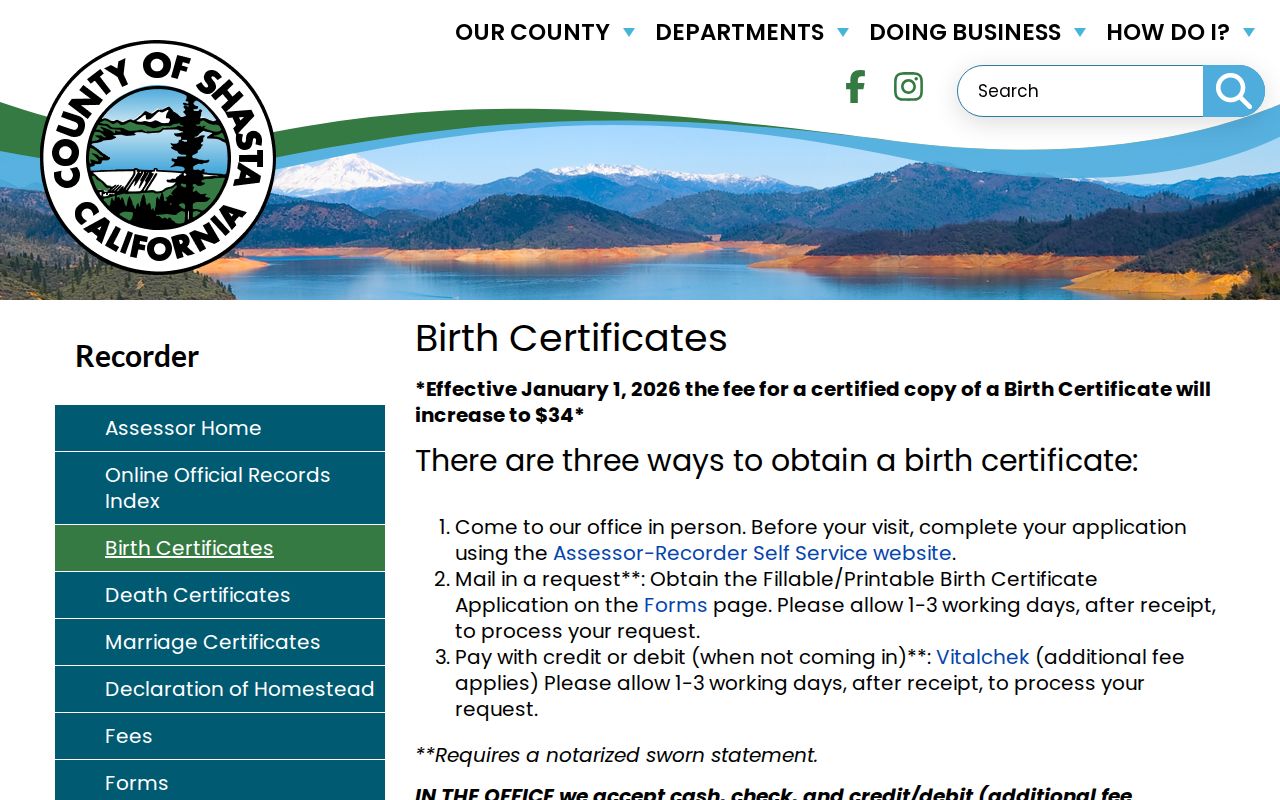 Redding public records birth certificate application options from Shasta County