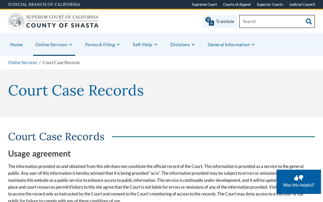 Redding public records page for Shasta Superior Court case access