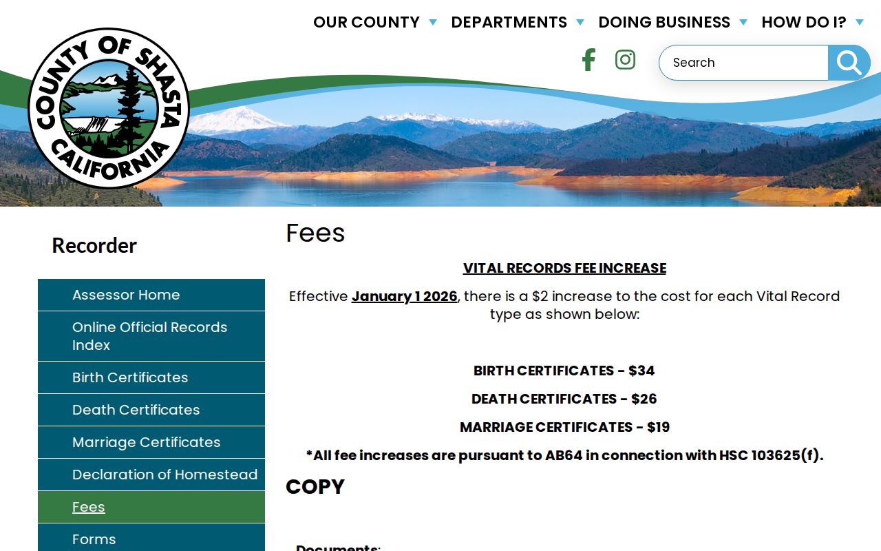 Redding public records fee schedule from the Shasta County Recorder