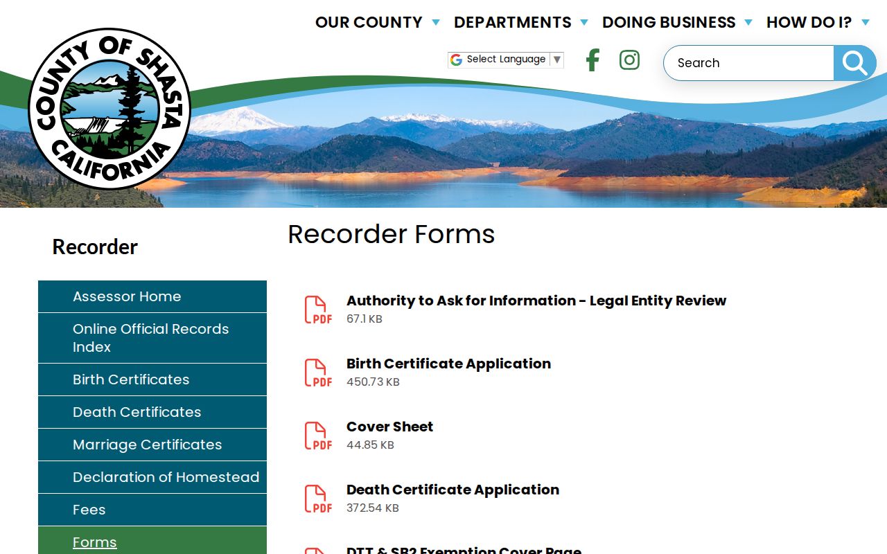 Redding public records forms provided by the Shasta County Recorder